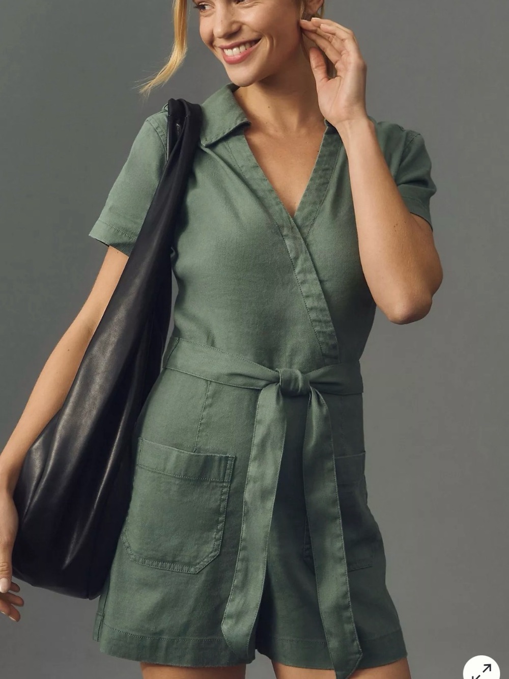Anthropologie Olive Green Short-Sleeve Wrap Romper with Tie Waist